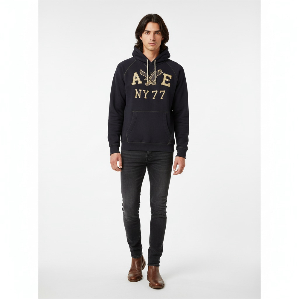 American Eagle NY77 Graphic Sherpa Hoodie Mens XL Navy